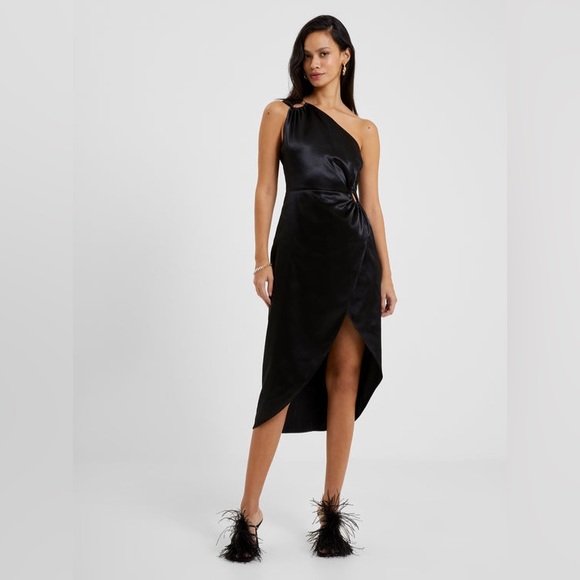 French Connection Adaline One-Shoulder Satin Midi Dress Black Size 8 NWT - Picture 4 of 11